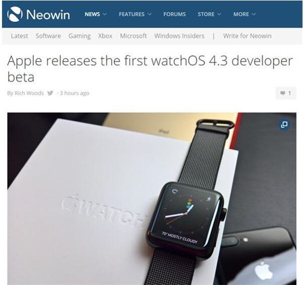 苹果发布watchOS4.3首个开发者预览版